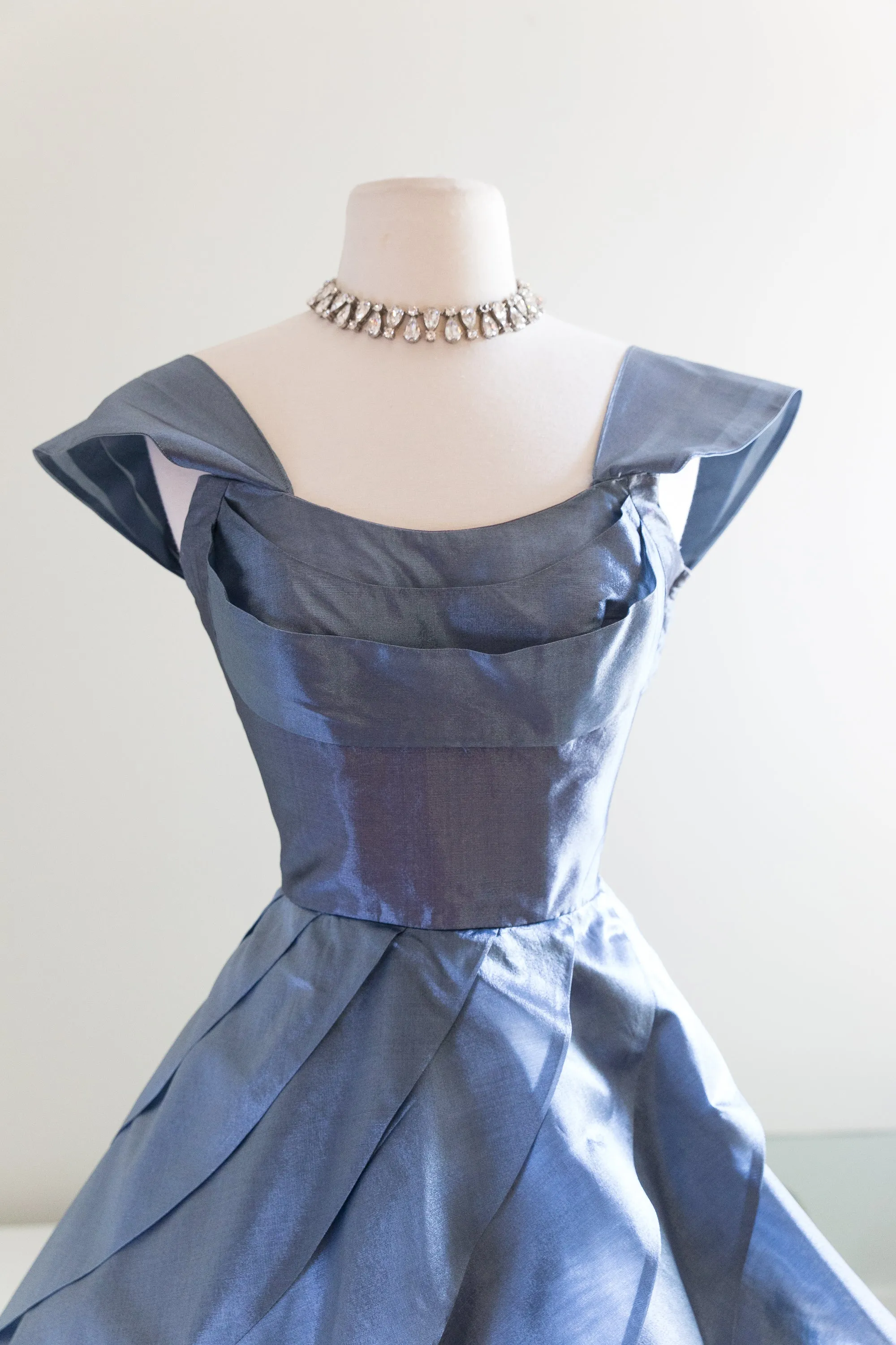 1950's Blue Waves Silk Organza Party Dress / Waist 26