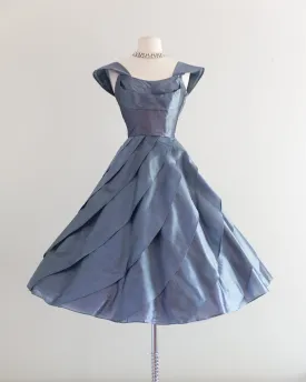 1950's Blue Waves Silk Organza Party Dress / Waist 26