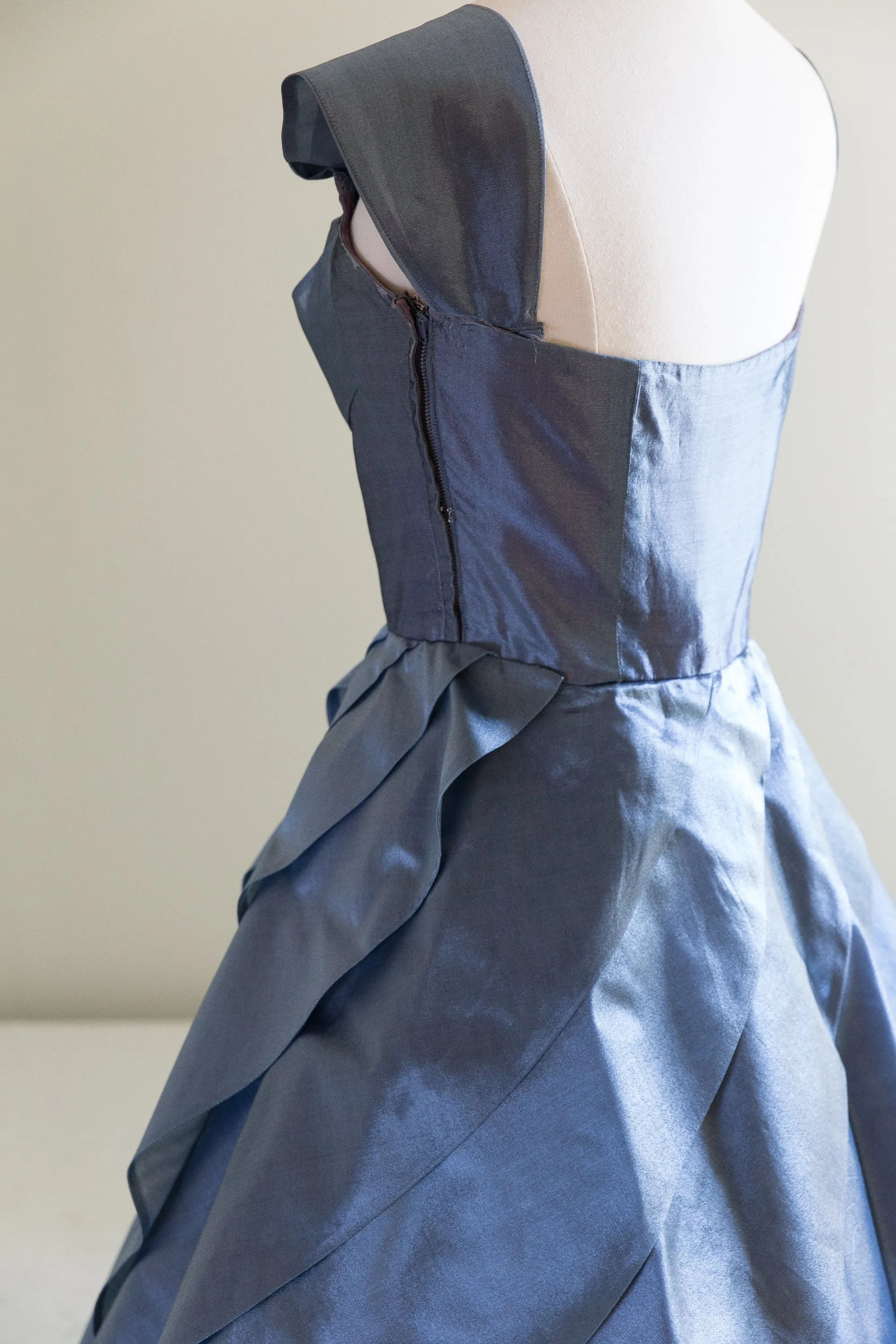 1950's Blue Waves Silk Organza Party Dress / Waist 26