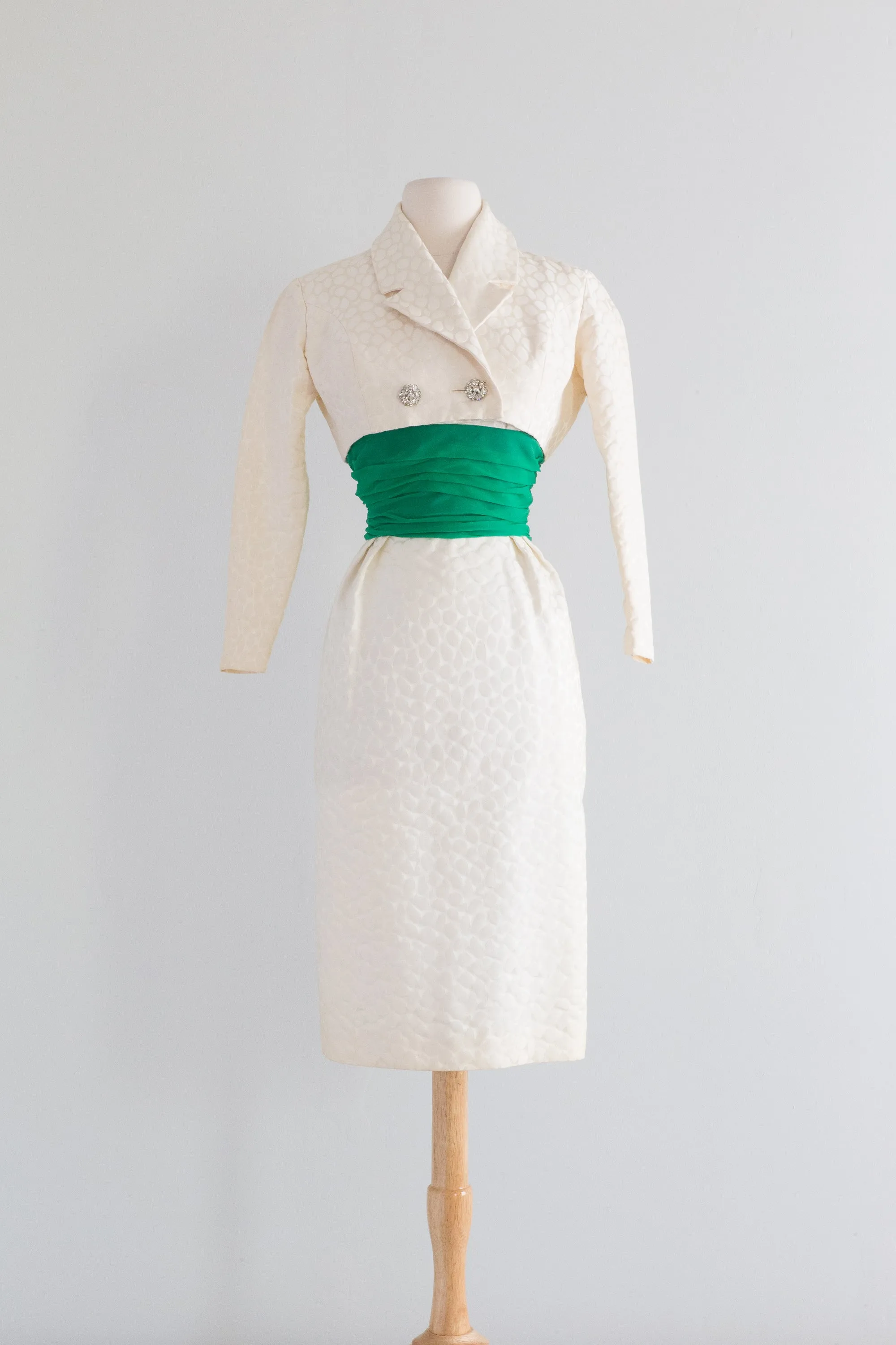 1950's Glamour Ivory Brocade Dress & Matching Jacket / XS