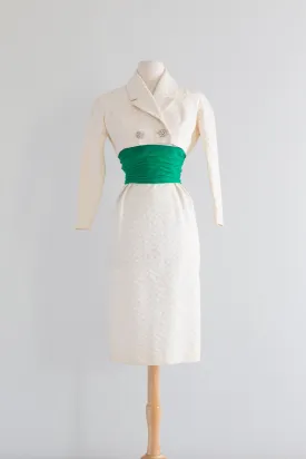 1950's Glamour Ivory Brocade Dress & Matching Jacket / XS