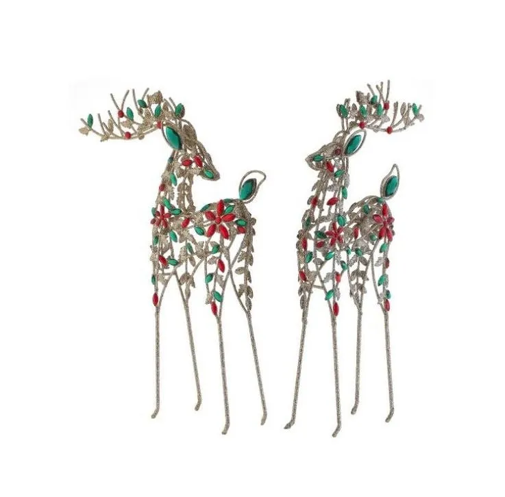 19.5" Red & Green Jewel Gold Deer Set Of 2