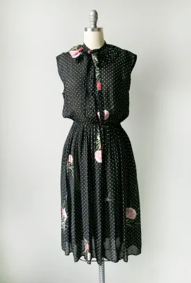 1970s Dress Polka Dot Dark Floral Sheer Chiffon S