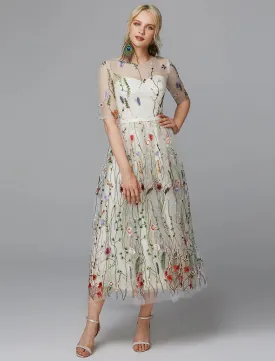 A-Line Floral Dress Holiday Tea Length Half Sleeve Illusion Neck Lace with Embroidery Appliques