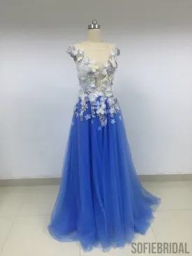 Blue Floral Tulle Prom Dresses_US4, SOD008