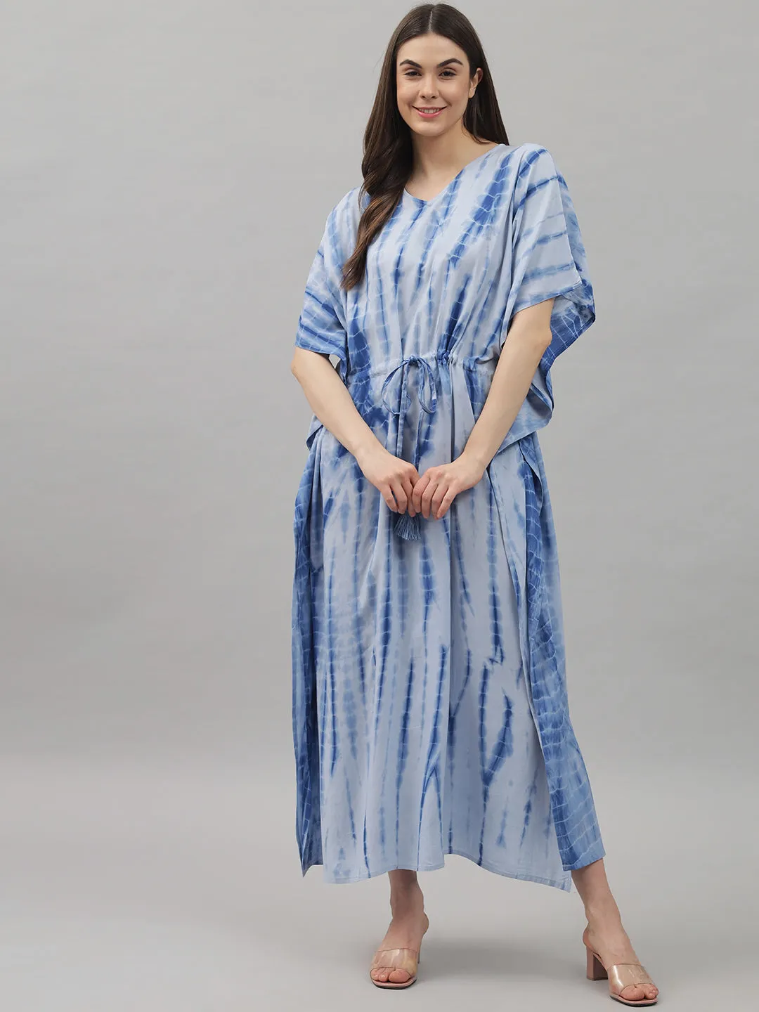 Blue Tie and Dye Print Rayon Kaftan by Shararat