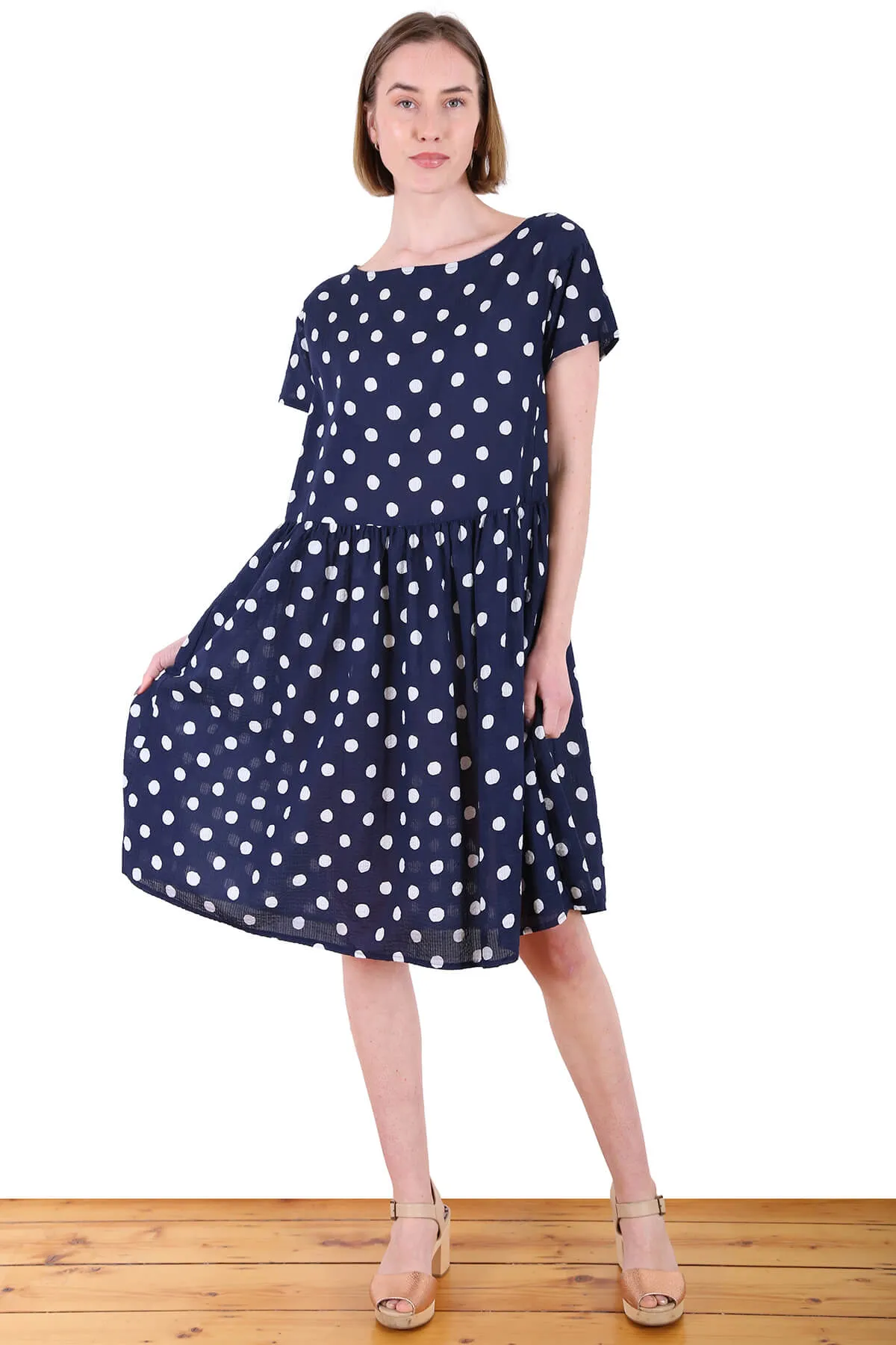 Cyan Spot Drop Waist Dress Navy in Seersucker