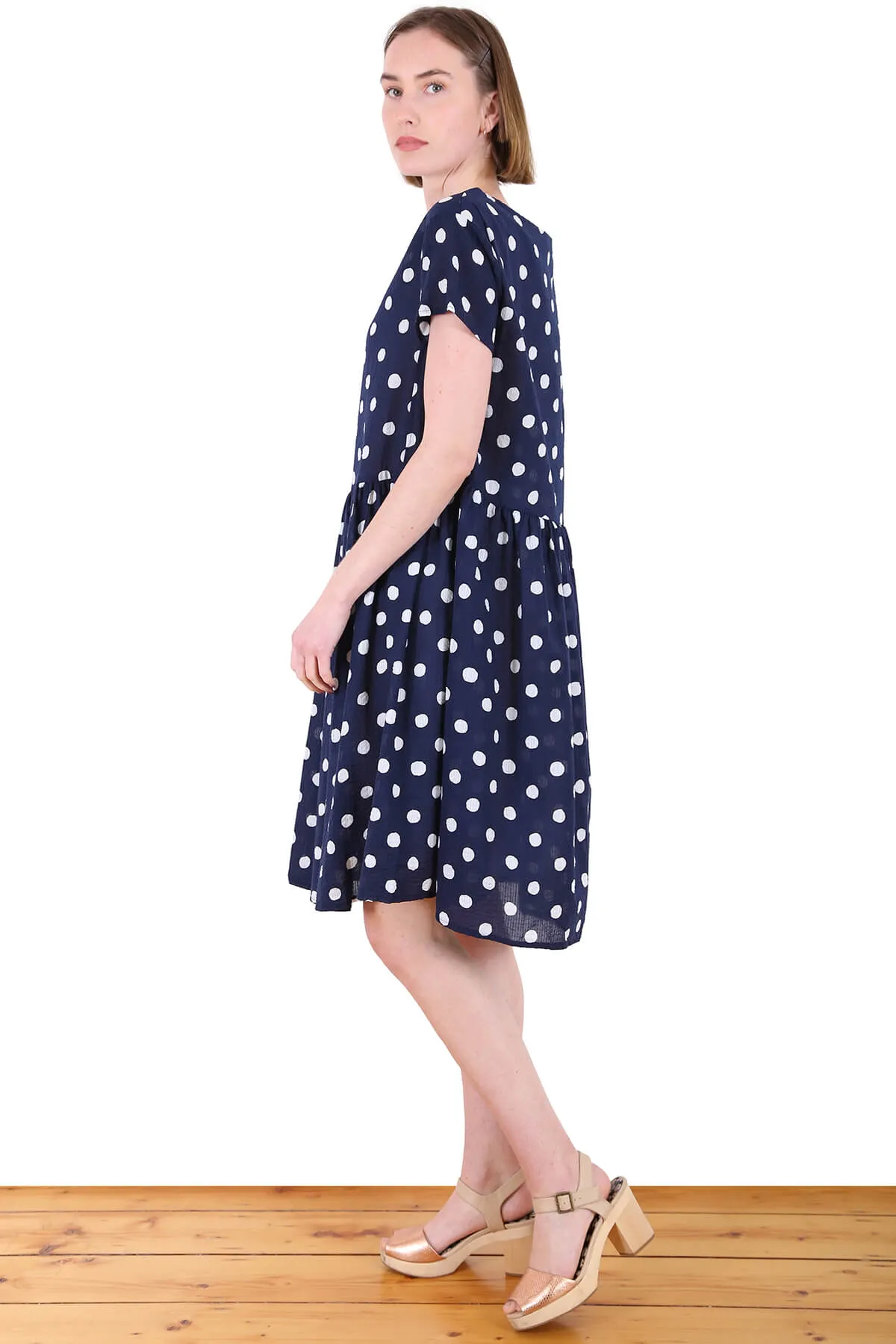 Cyan Spot Drop Waist Dress Navy in Seersucker