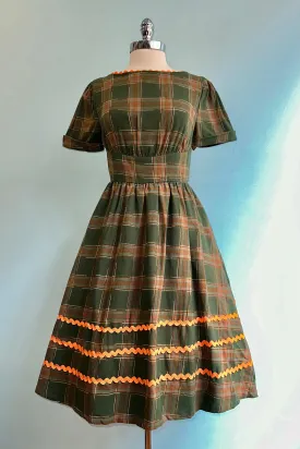 Green and Rust Plaid Short Sleeve Dress