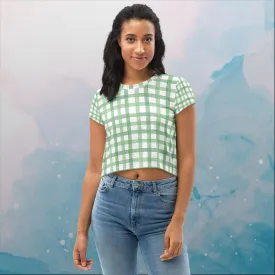 Green Gingham Print Womens Crop Tee