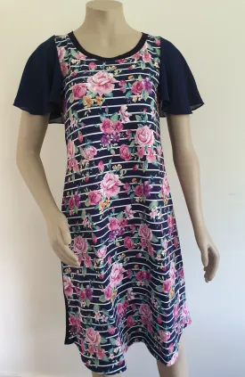 Navy Floral Stripe Flutter Sleeve Dress