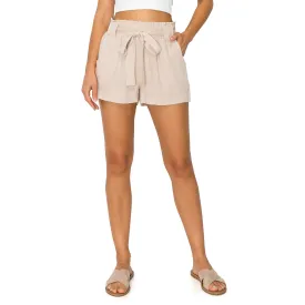 Paper Bag Waist with Self Tie Belt Linen Shorts - Khaki