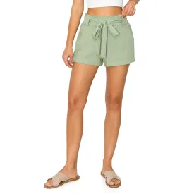 Paper Bag Waist with Self Tie Belt Linen Shorts - Sage