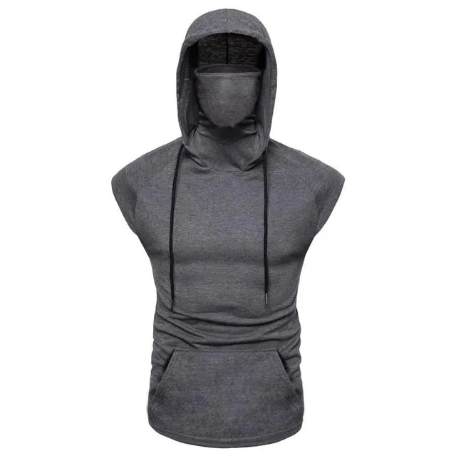 Tank Tops Mens Muscle Hoodie Top Tees Bodybuilding Gym Workout Sleeveless Vest ninja uniform Face Cover Two Pieces Shirts Men