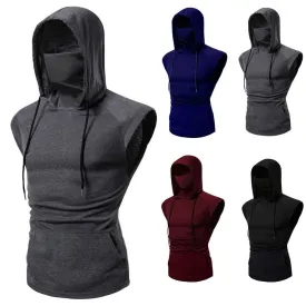 Tank Tops Mens Muscle Hoodie Top Tees Bodybuilding Gym Workout Sleeveless Vest ninja uniform Face Cover Two Pieces Shirts Men