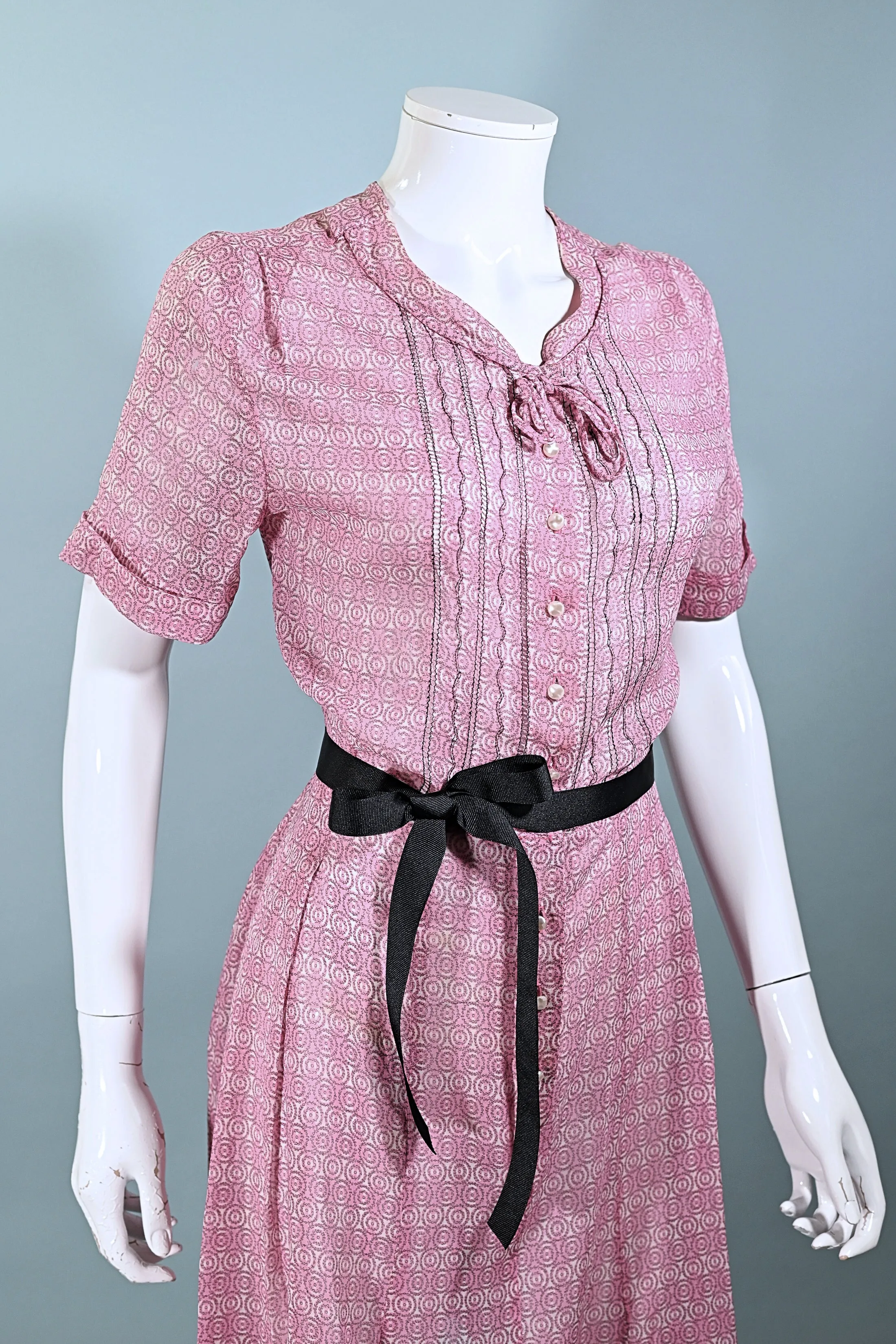 Vintage 40s Pink Sheer Print Dress Pearl Buttons, 27 In Waist