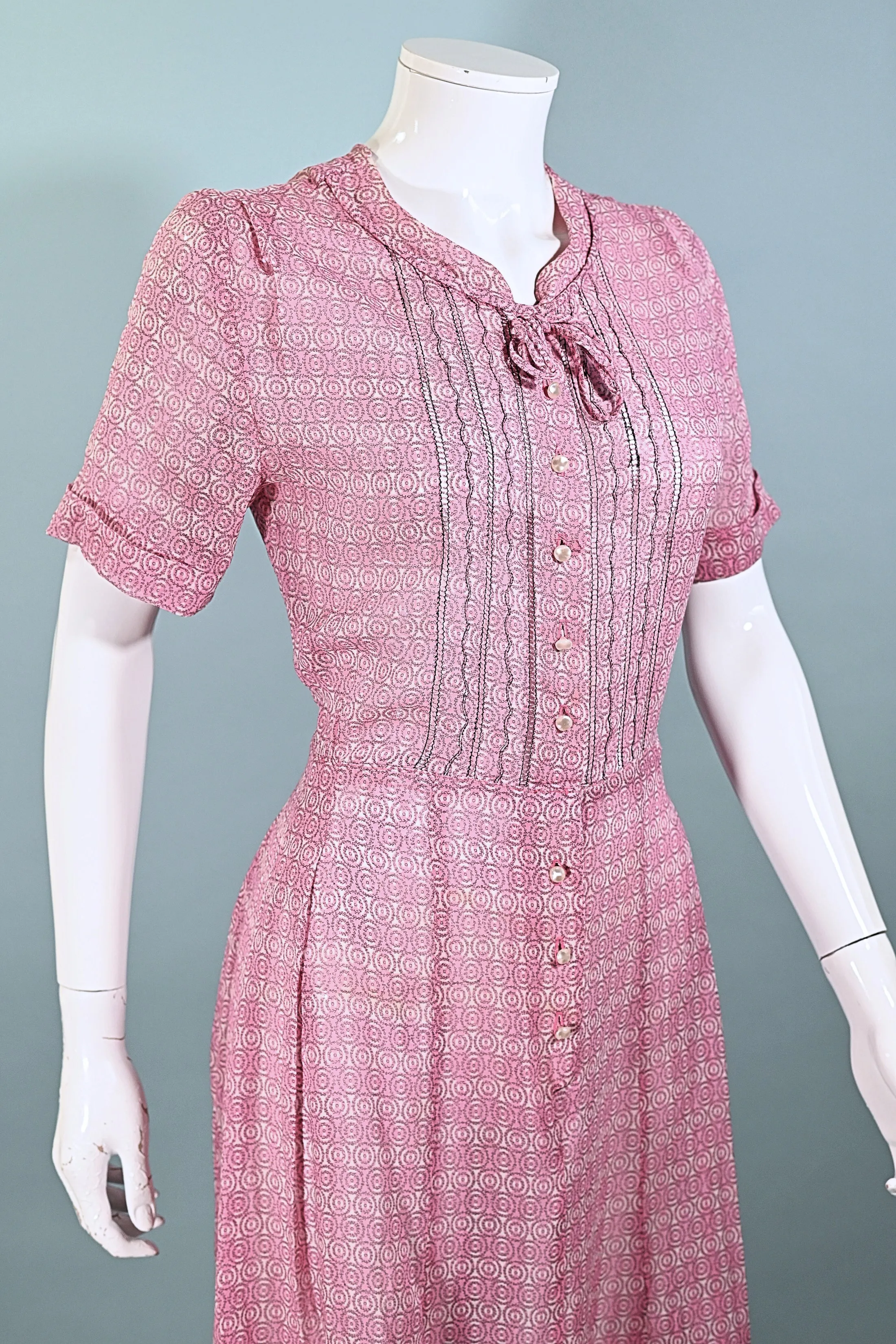 Vintage 40s Pink Sheer Print Dress Pearl Buttons, 27 In Waist