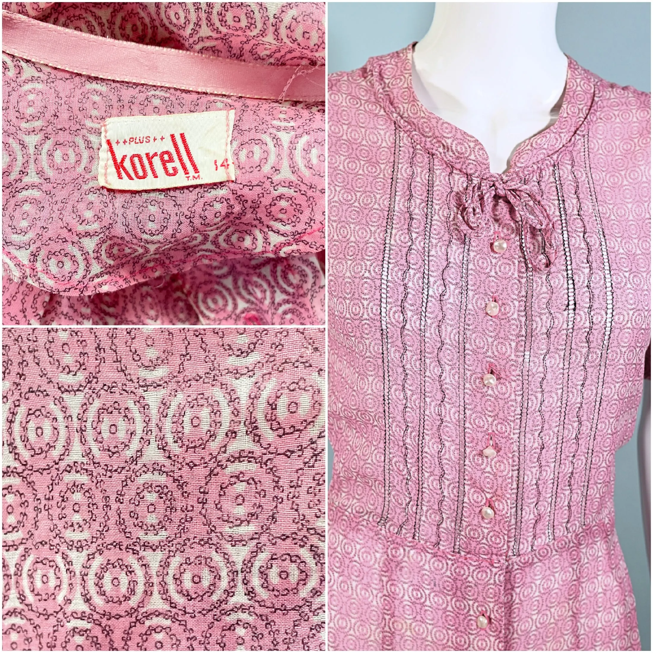 Vintage 40s Pink Sheer Print Dress Pearl Buttons, 27 In Waist