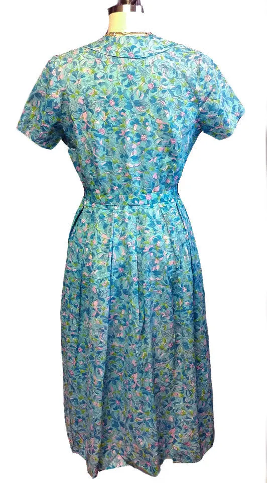 VINTAGE AQUA & PINK FLORAL PETER PAN COLLAR SPRING/SUMMER DRESS WITH MATCHING BELT