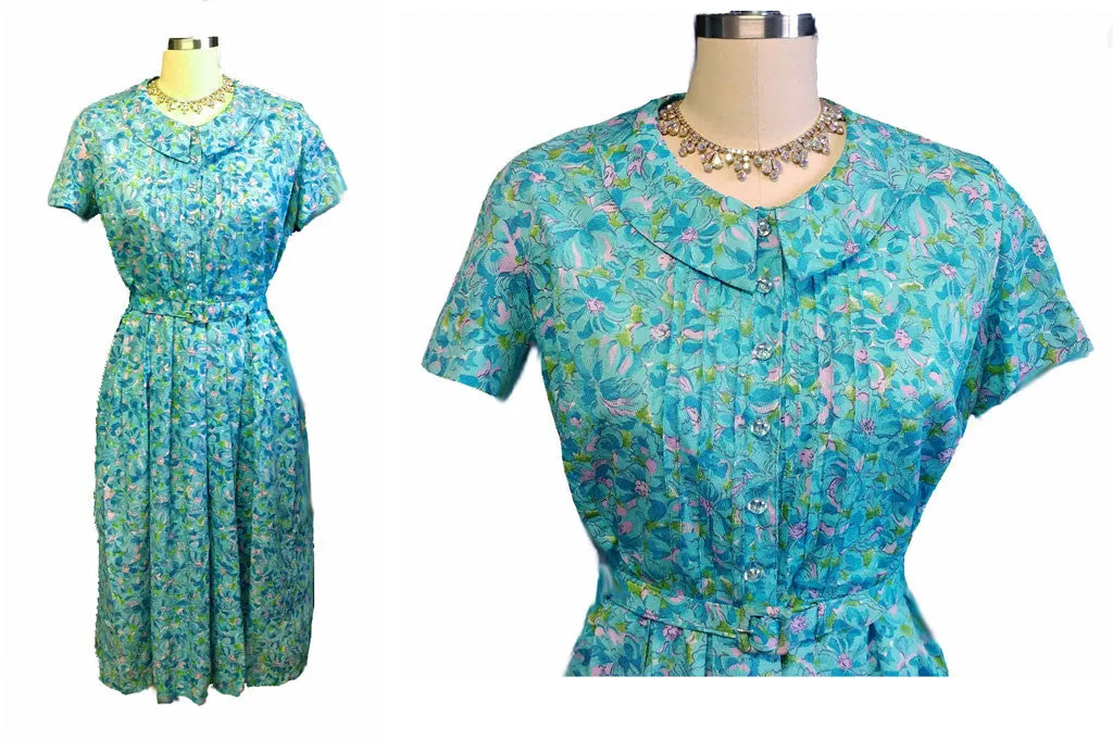 VINTAGE AQUA & PINK FLORAL PETER PAN COLLAR SPRING/SUMMER DRESS WITH MATCHING BELT