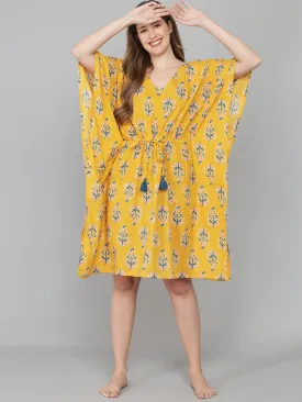 Yellow Leaf Print Cotton Kaftan